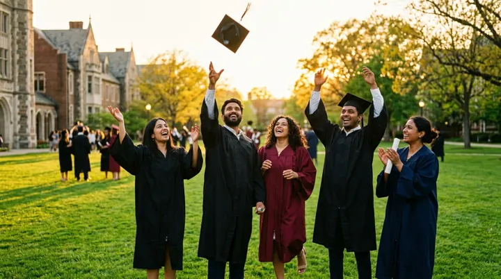 Graduates celebrating on a university lawn